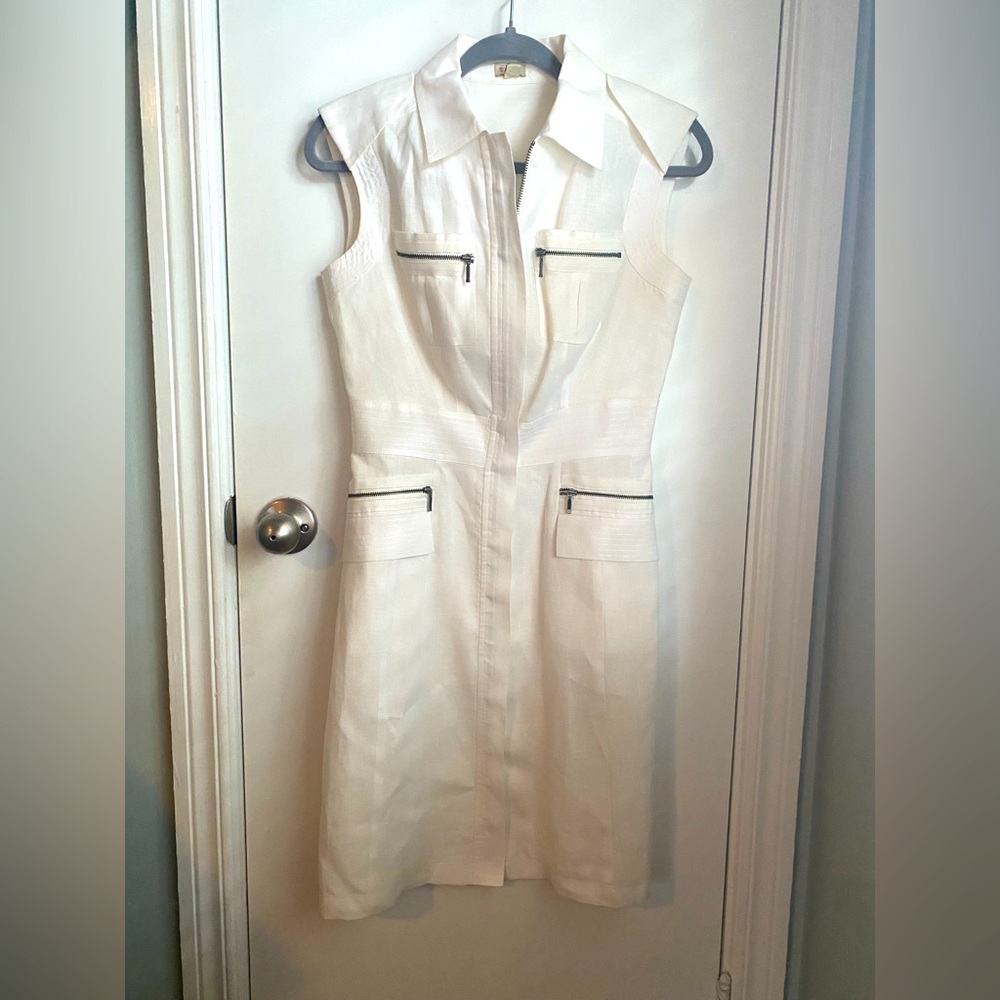 Cremieux White Zip Up Sleeveless Dress 100% Linen Sz 4